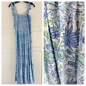 Mary Marshmallow Blue Floral Tie Shoulder smocked Maxi Dress XS 41164